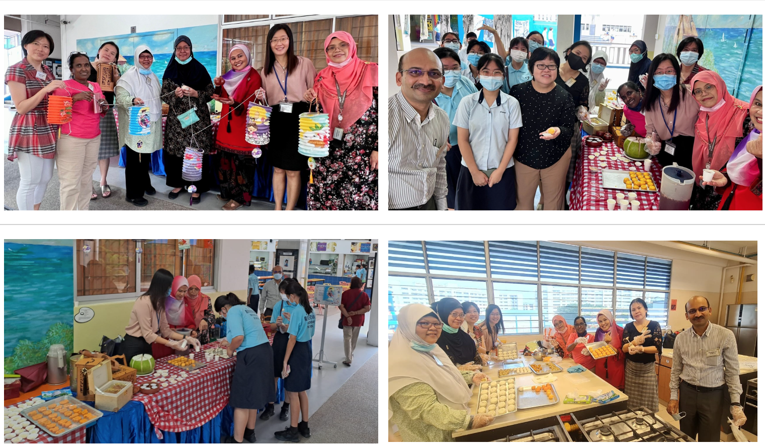 Four photos show diverse groups of people celebrating Mid-Autumn Festival, holding colourful lanterns and making mooncakes together.